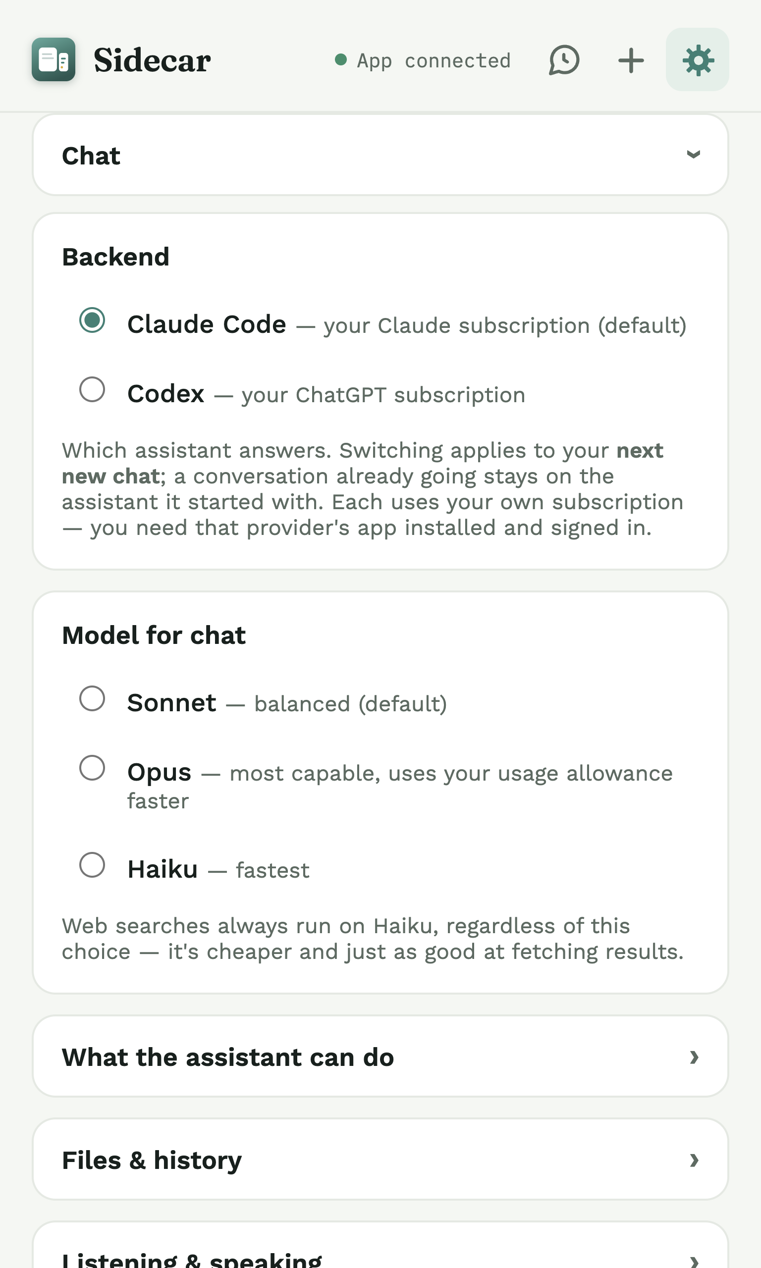 Sidecar's Settings → Chat: a Backend choice between Claude Code and Codex, and a Model-for-chat choice of Sonnet, Opus, or Haiku.