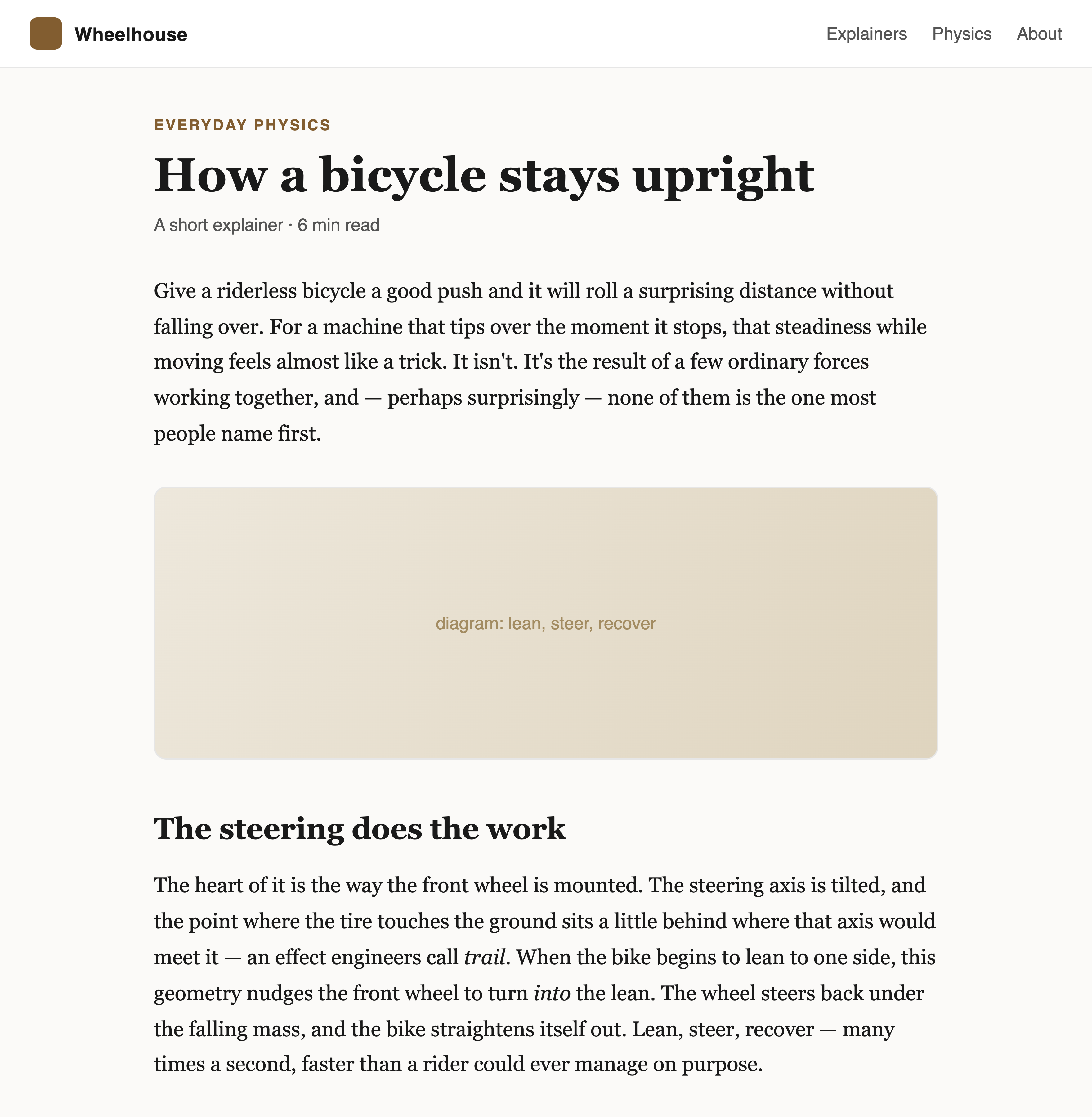A web article titled 'How a bicycle stays upright' open in the browser.