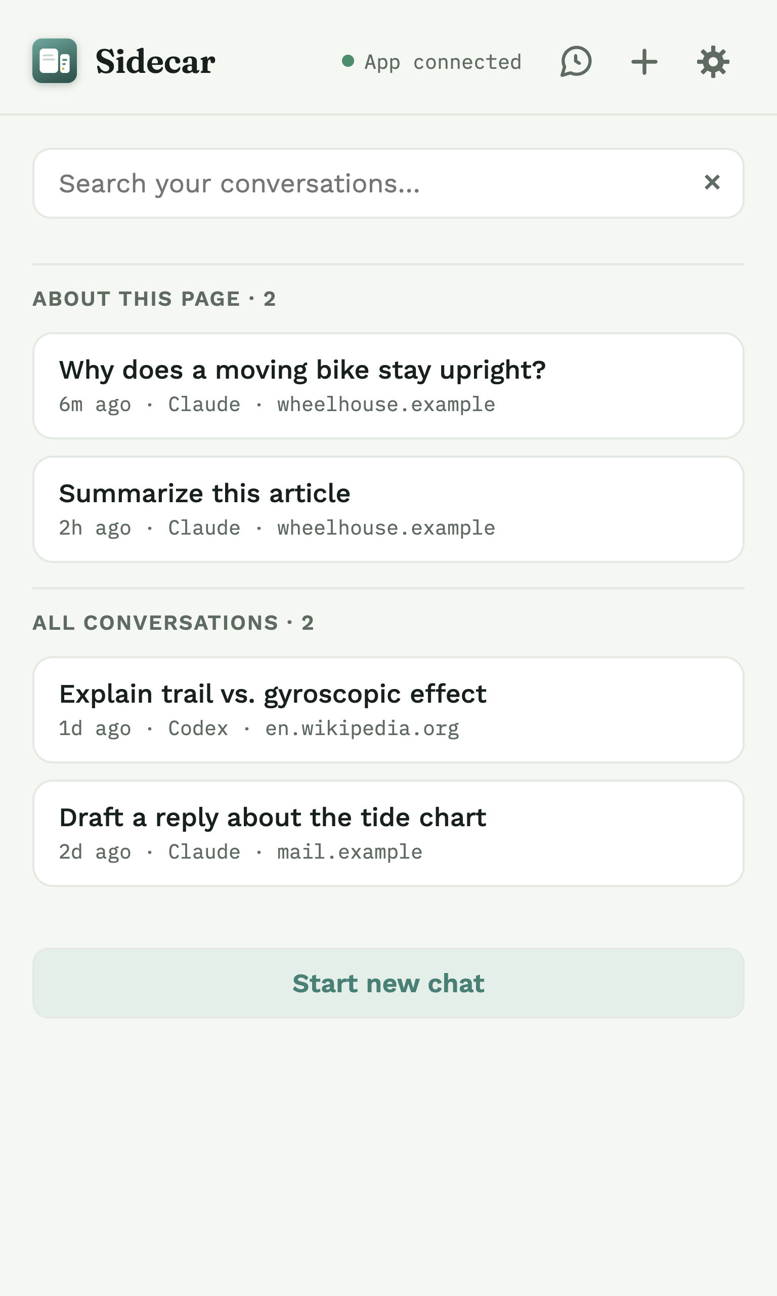 Sidecar's find-a-conversation browser: a search box over a list split into 'About this page' and 'All conversations'.