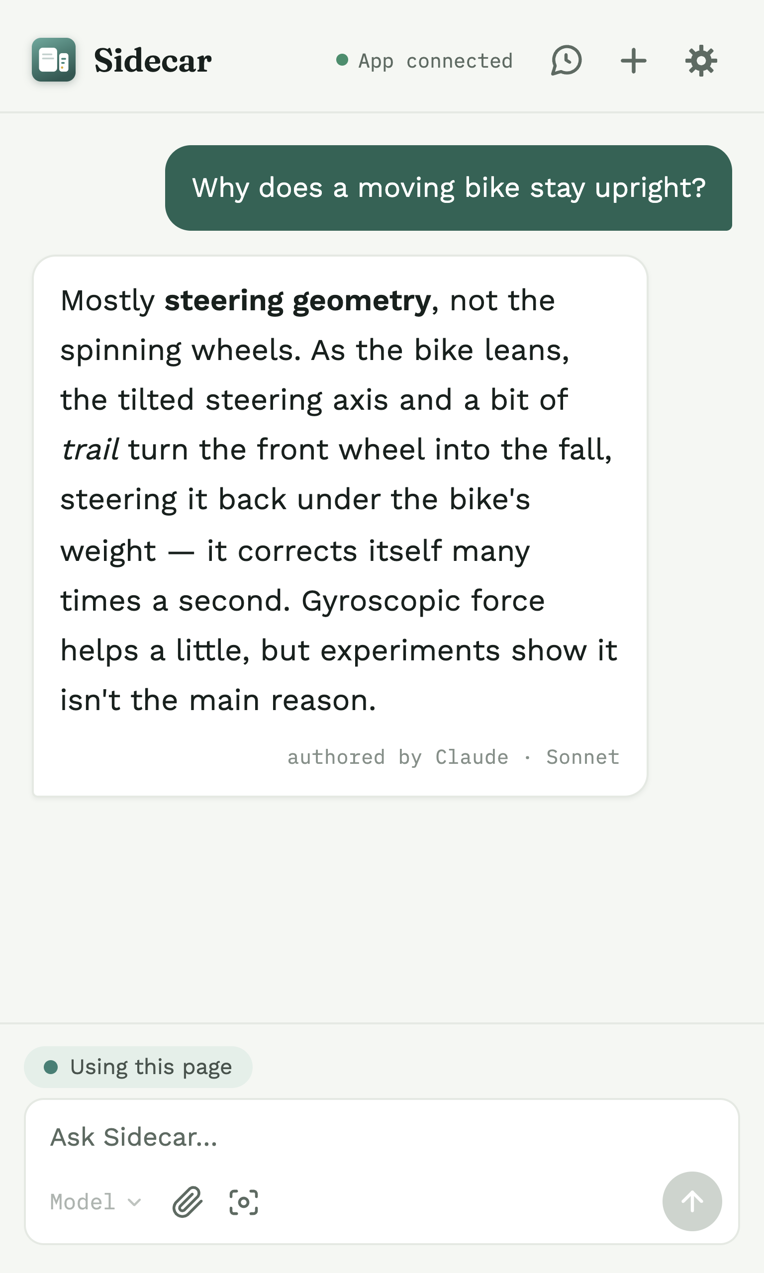 Sidecar docked in the browser's side panel, answering a question about the article on the left.