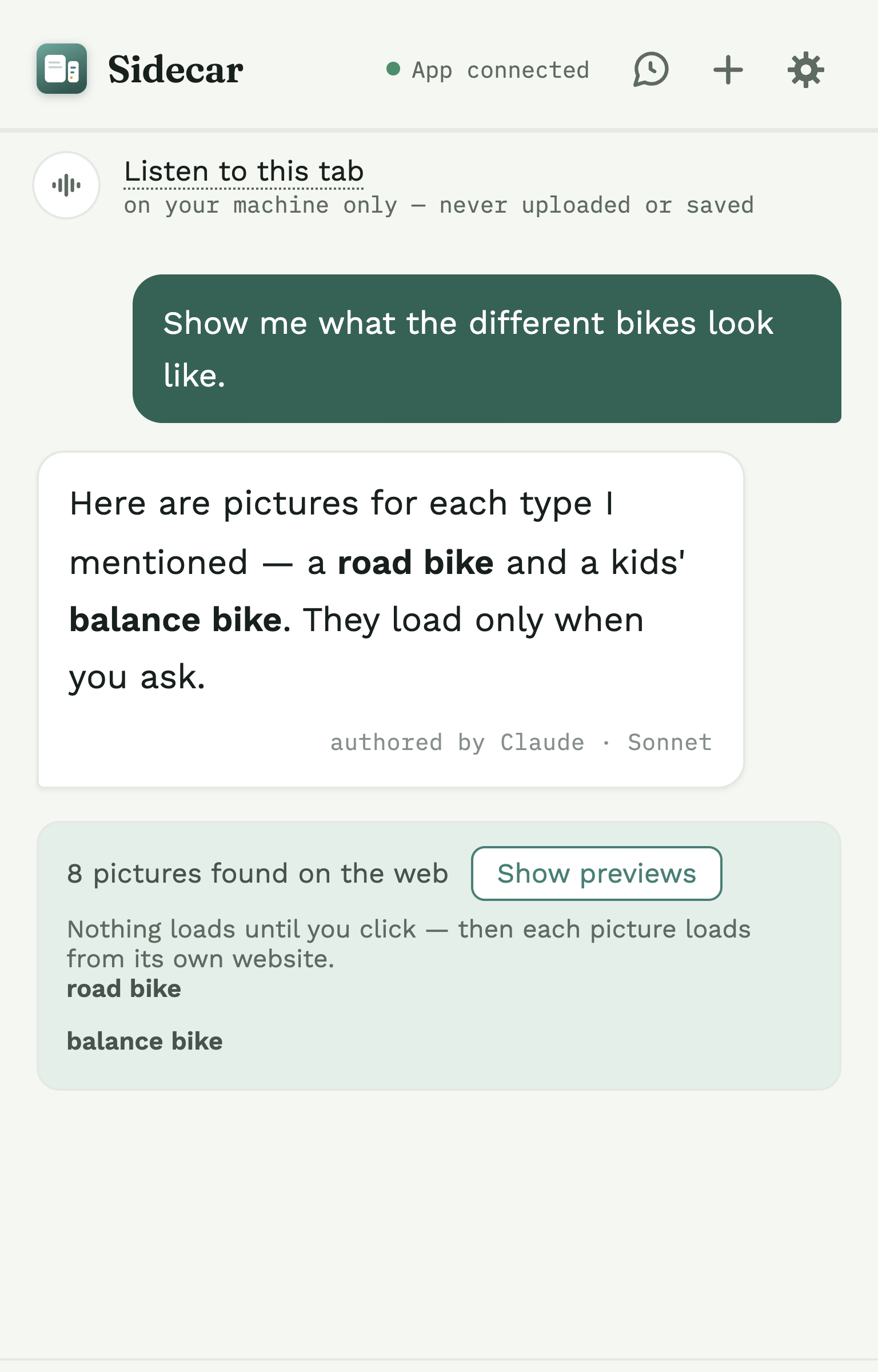 A reopened conversation showing '8 pictures found on the web' with a 'Show previews' button — the pictures stay hidden until you click.