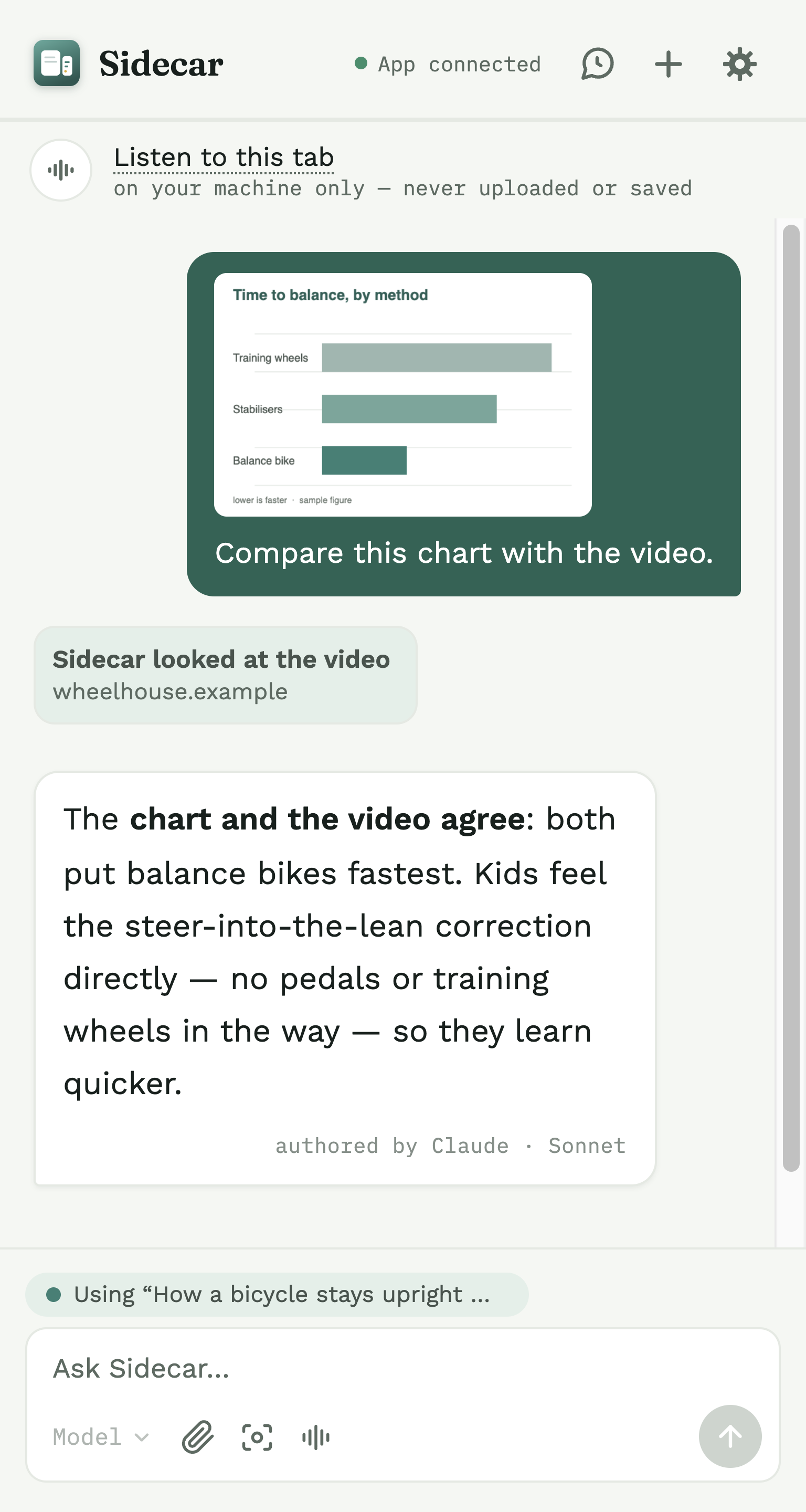 One Sidecar thread mixing an attached chart image, a 'Sidecar looked at the video' note, and a text answer that ties them together.