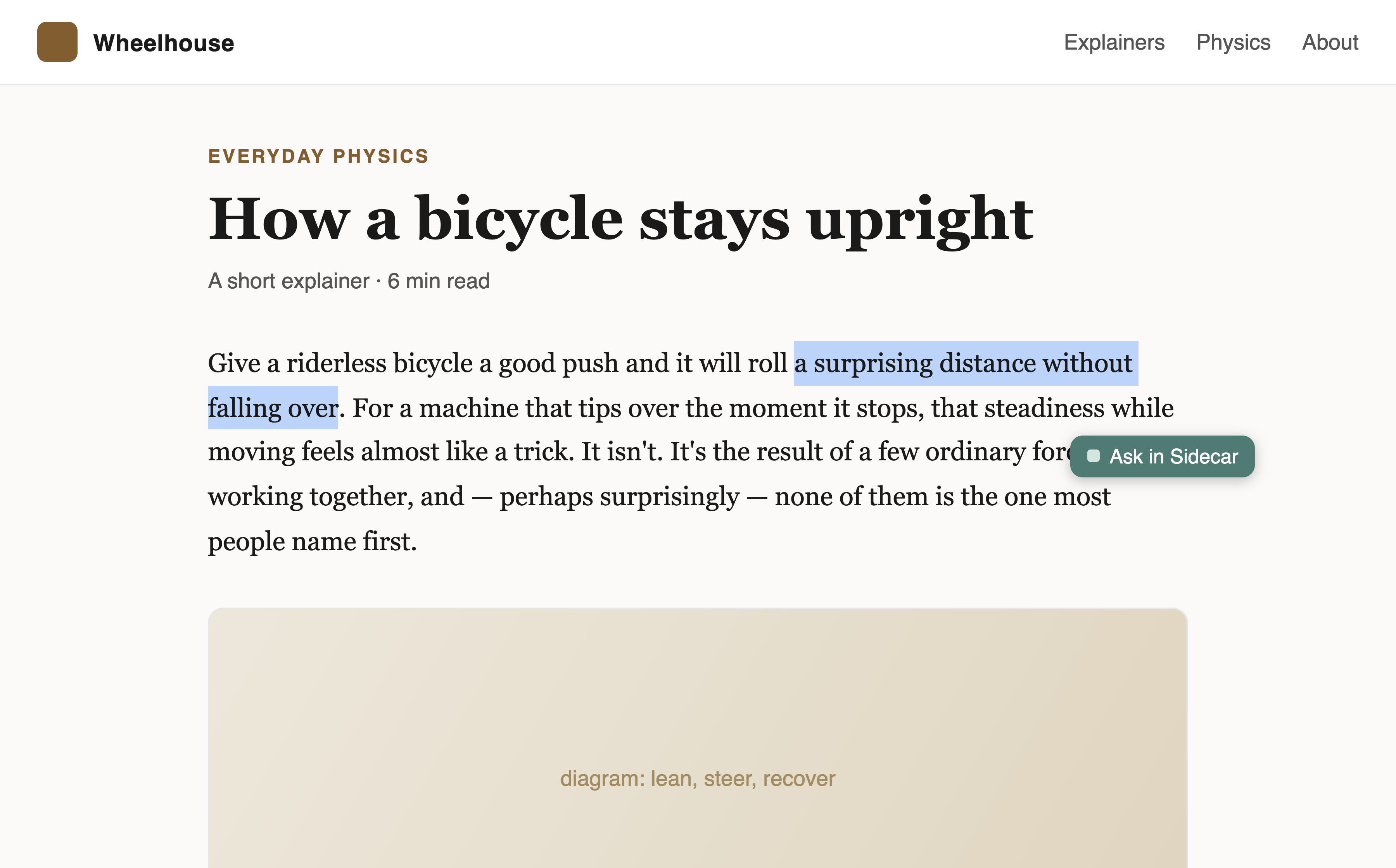 A web article with a sentence highlighted and a green 'Ask in Sidecar' button floating next to the selection.