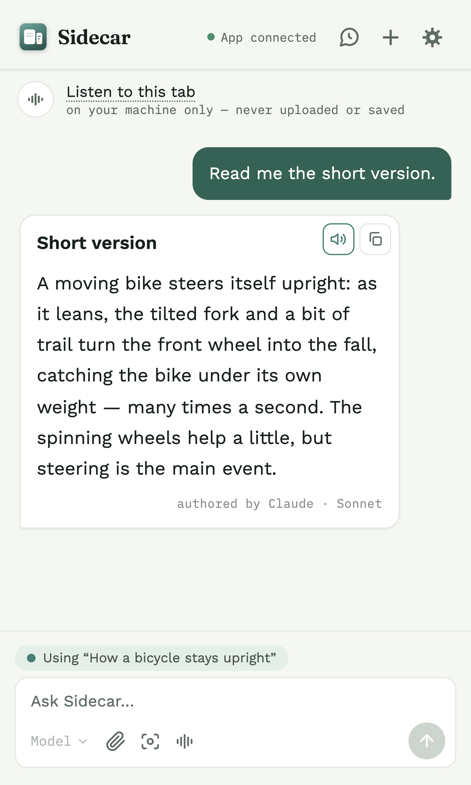 An answer in the Sidecar panel with the speaker (read-aloud) button highlighted next to the copy button.