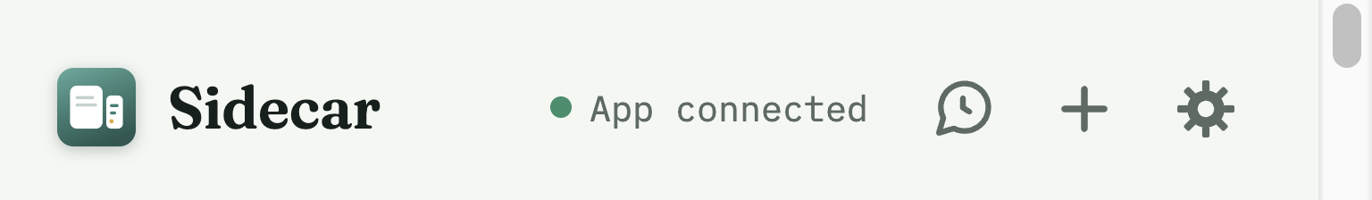 The top of the Sidecar panel showing a green dot with 'App connected' and the find, new-chat, and settings icons.