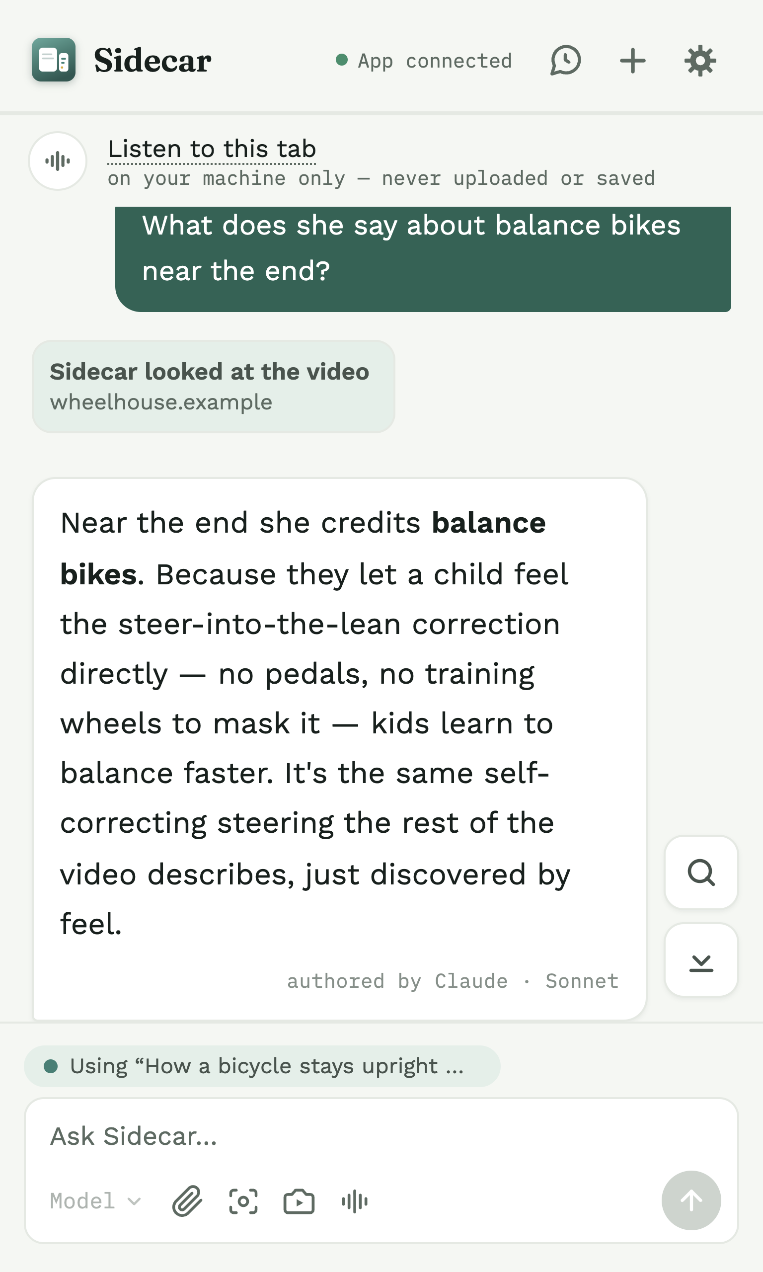 Sidecar answering a question about a video, with a 'Sidecar looked at the video' note and a listen affordance.